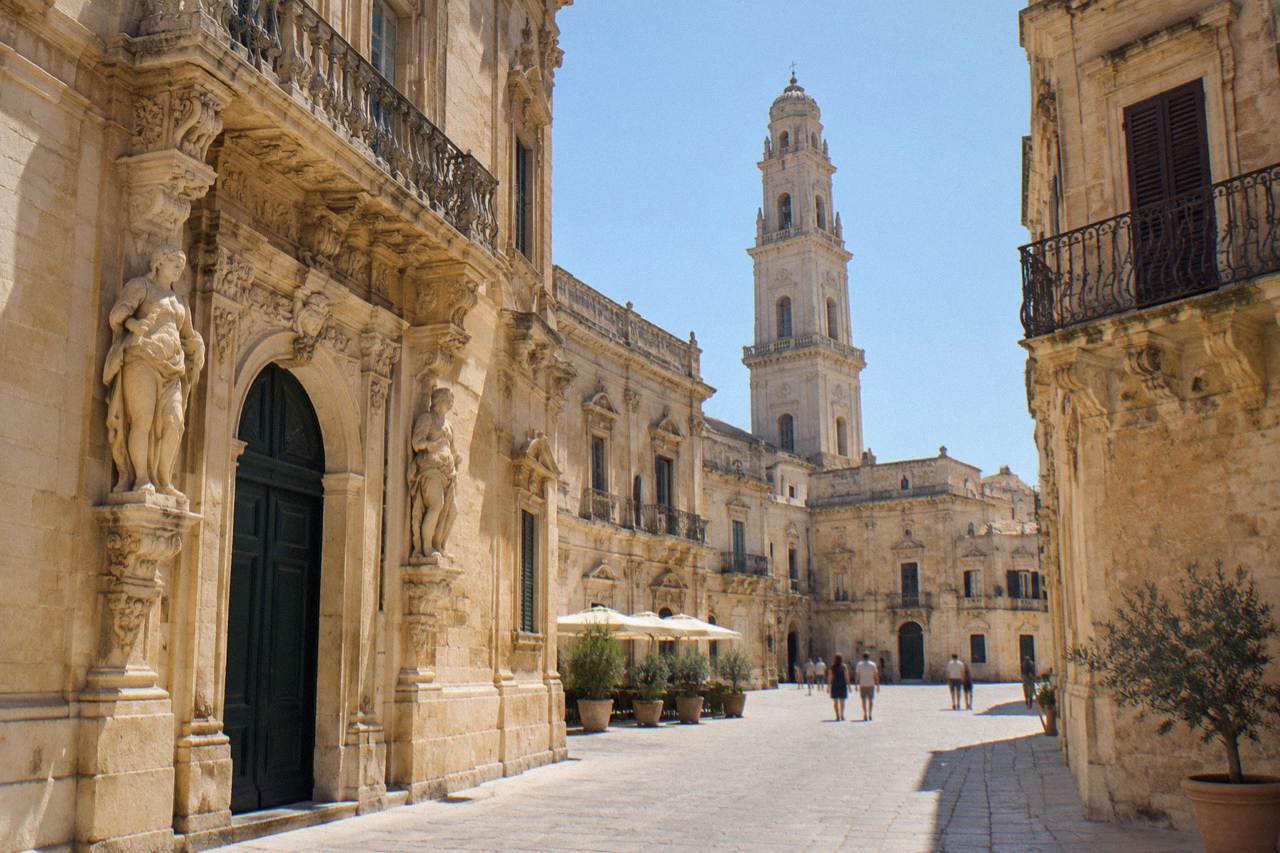 Sunlit baroque limestone facade in Lecce with carved figures and a bell tower against a clear sky