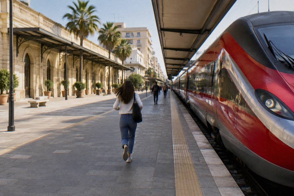 A high-speed train stopped at a platform in an Italian railway station