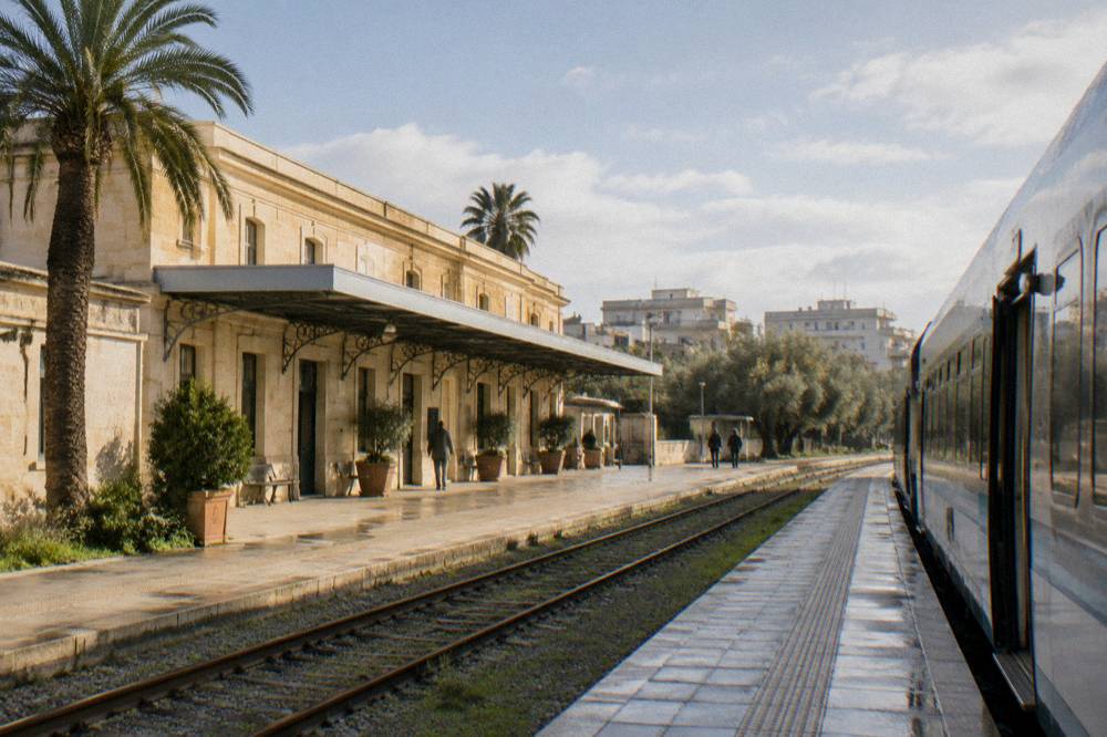 A regional train at a small south Italian station platform with olive trees in the background