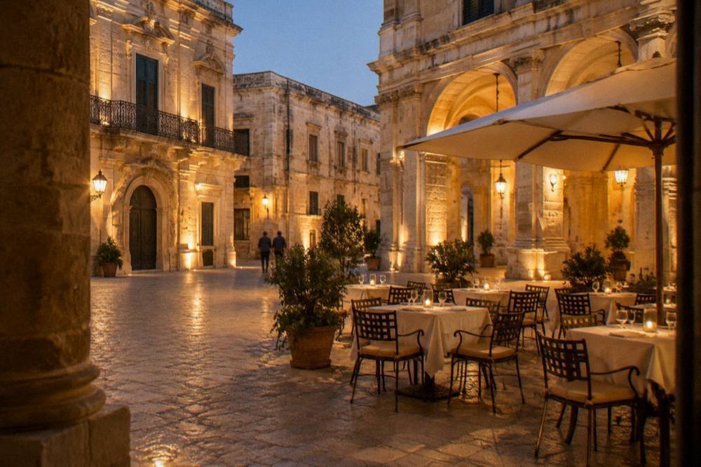 A lit restaurant terrace at night in a Lecce square with stone arches and empty chairs set for dinner