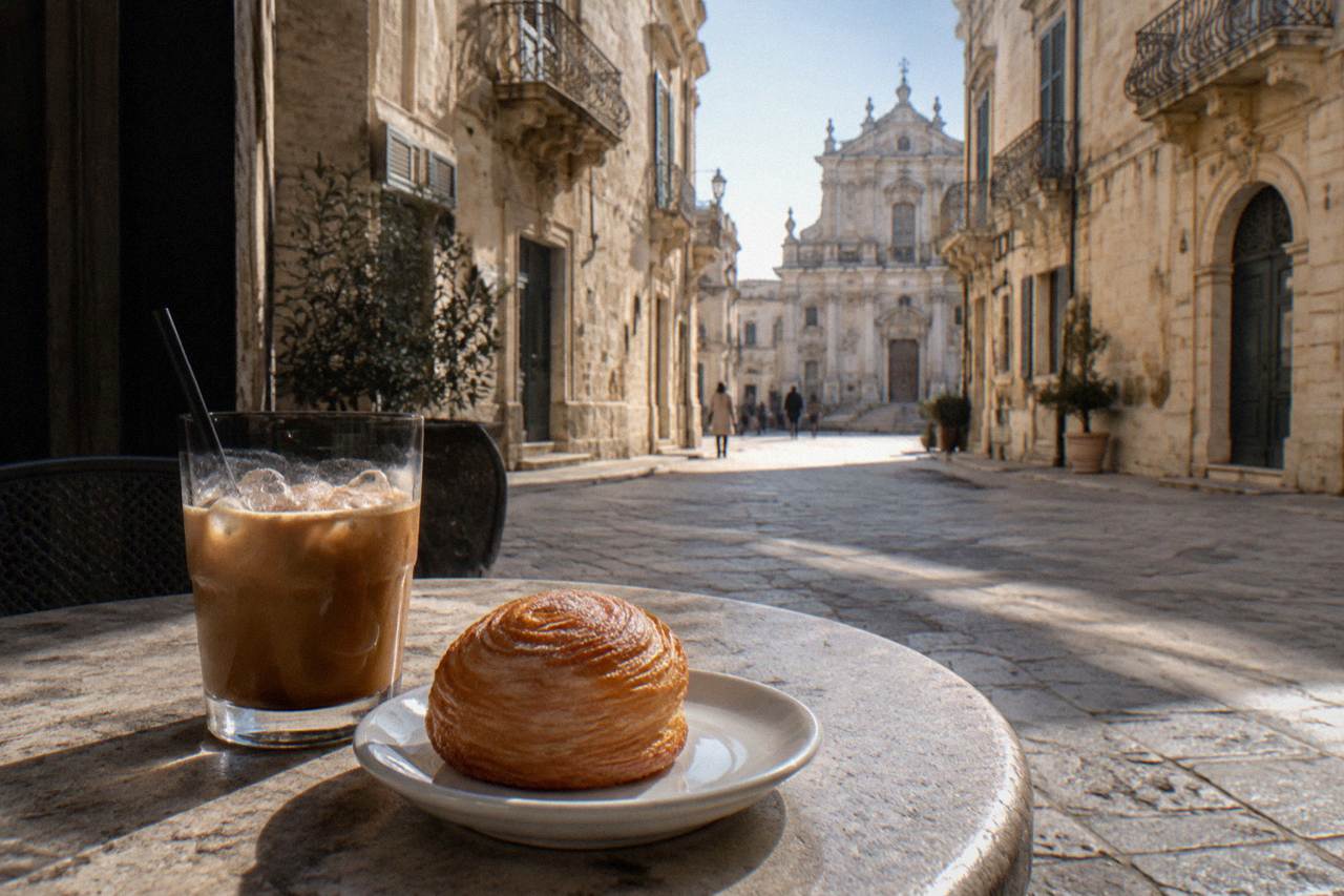 Golden round puff pastry snack on a small plate beside a cup of iced coffee on a stone table in Lecce