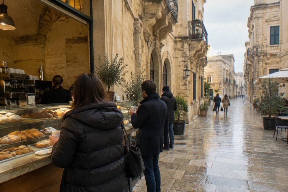 Bar counter in Lecce old town with pastries under glass and customers standing with coffee
