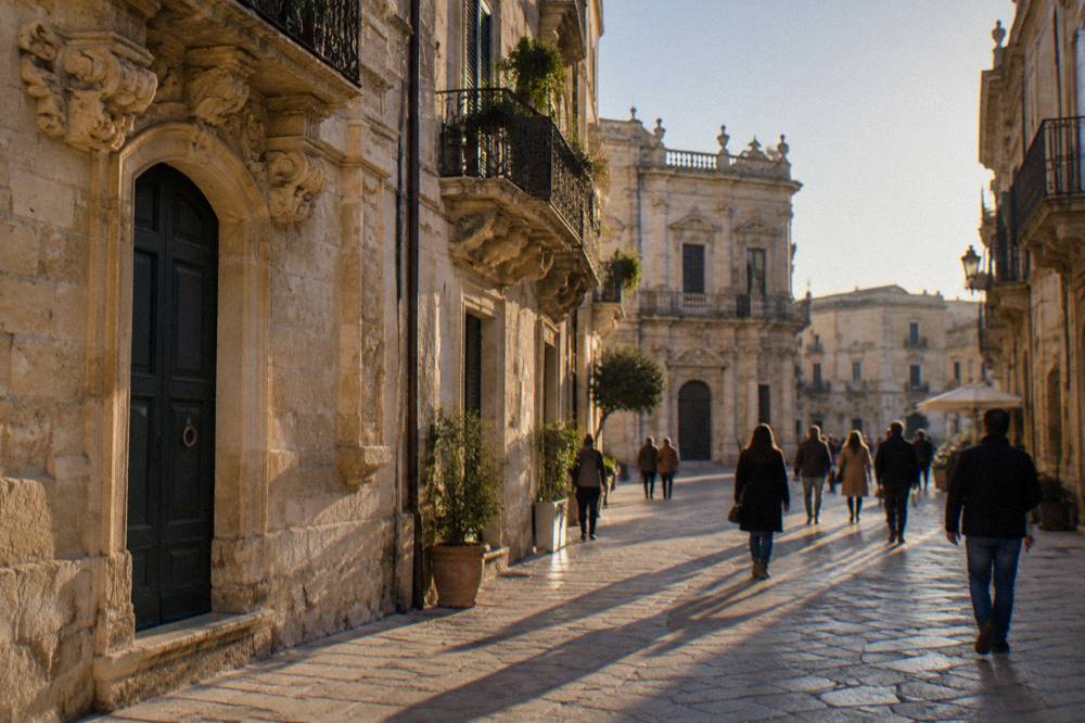 Sunlit baroque street in Lecce with people walking during the early evening passeggiata