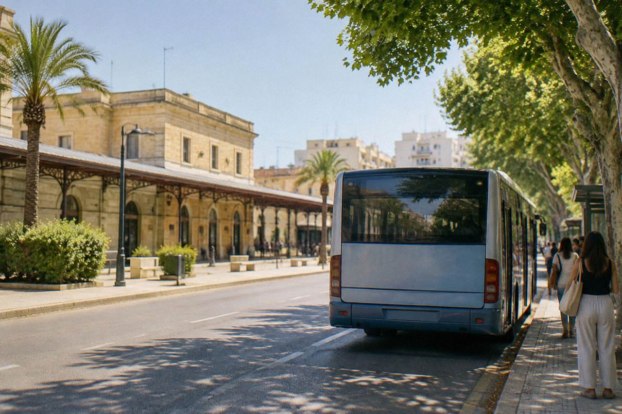 A regional bus at a tree-lined stop on a Salento road in summer