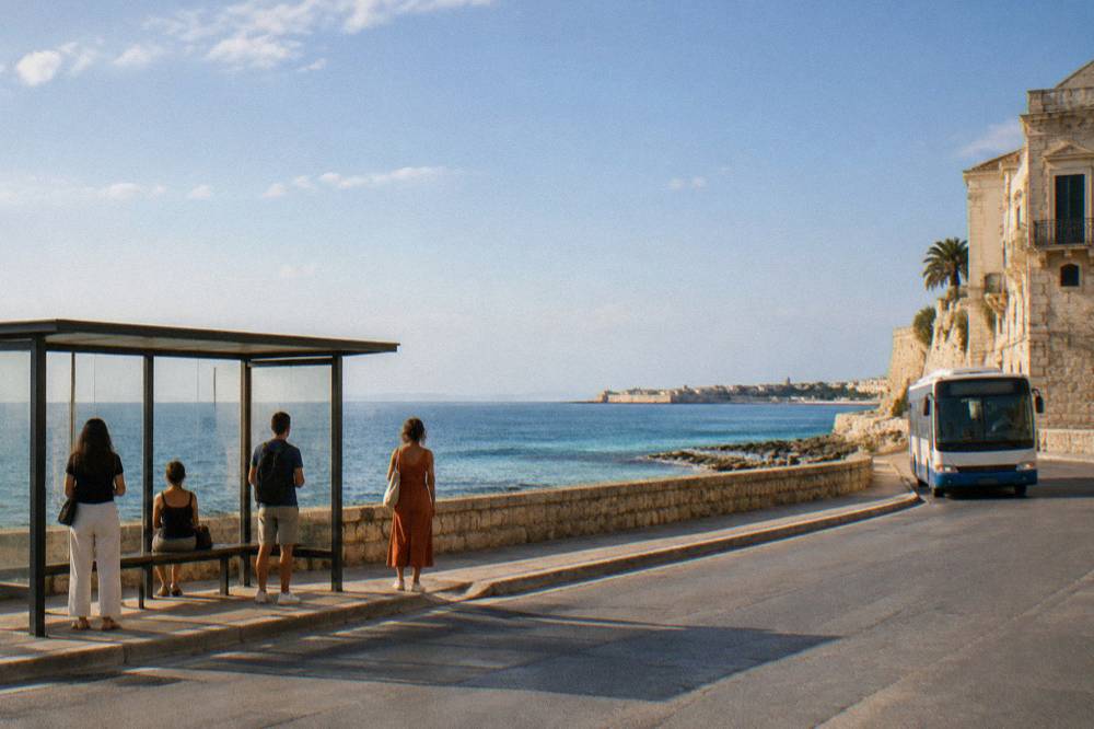 Passengers waiting at a small seaside bus stop in the late afternoon