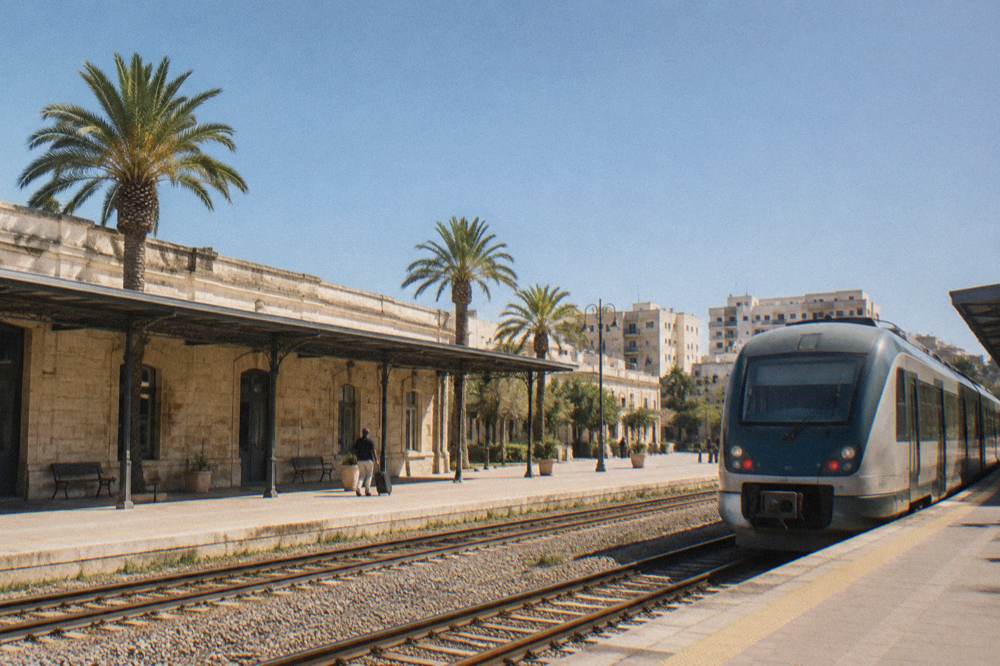 A train waiting at a small station platform in the Salento countryside