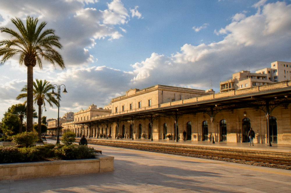 An evening scene in a southern Italian town square with warm light
