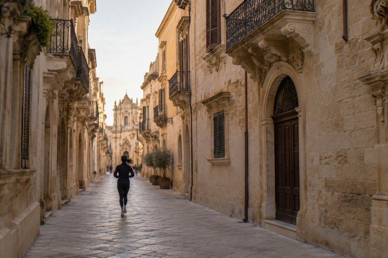 Golden limestone buildings of Lecce old town under a warm evening sky