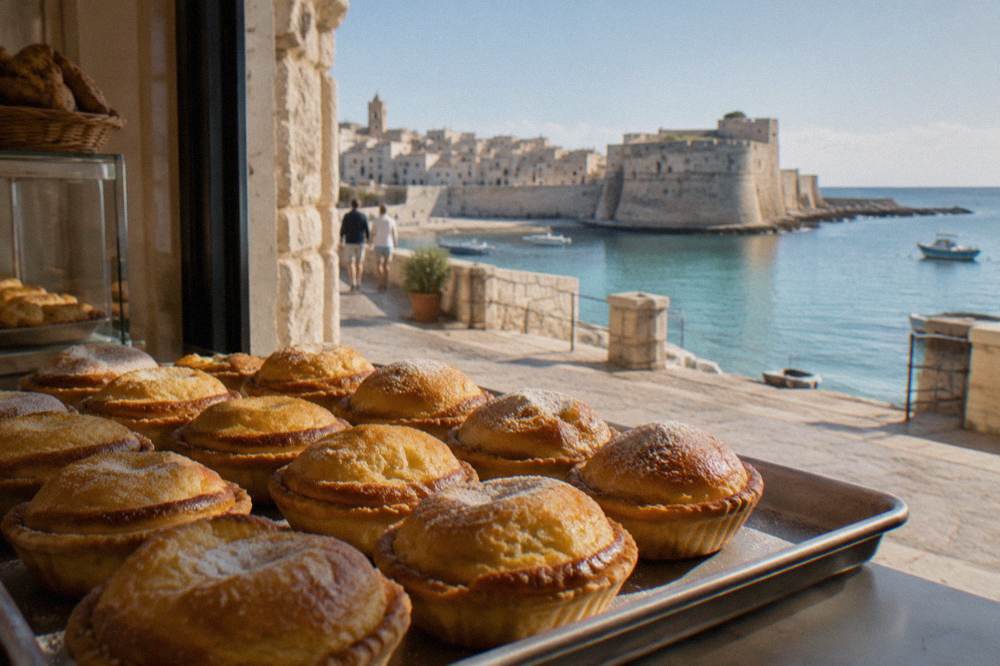 A tray of golden pasticciotto custard pastries in a bakery