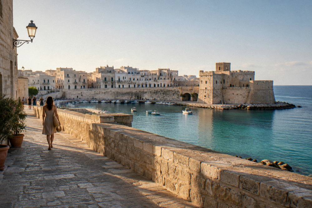 An evening passeggiata in a lamp-lit stone square in Salento