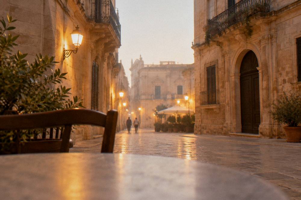 An evening street in an old southern Italian town glowing under warm lamplight