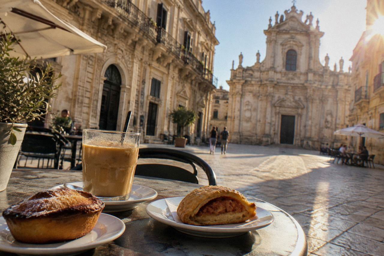 A cafe table in a Lecce square with an iced coffee, a pasticciotto pastry and a savoury rustico on small plates