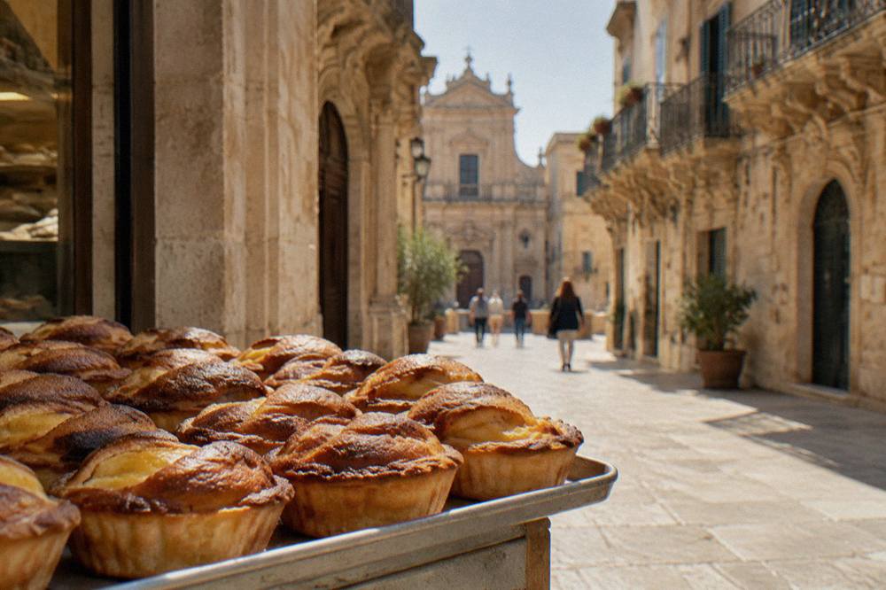 Freshly baked pasticciotto pastries with custard filling arranged on a bakery tray in Lecce