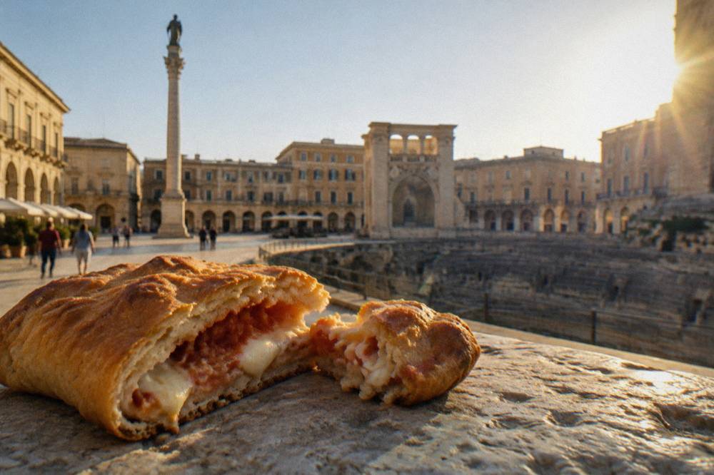 A golden baked rustico leccese cut open showing mozzarella, bechamel and tomato filling