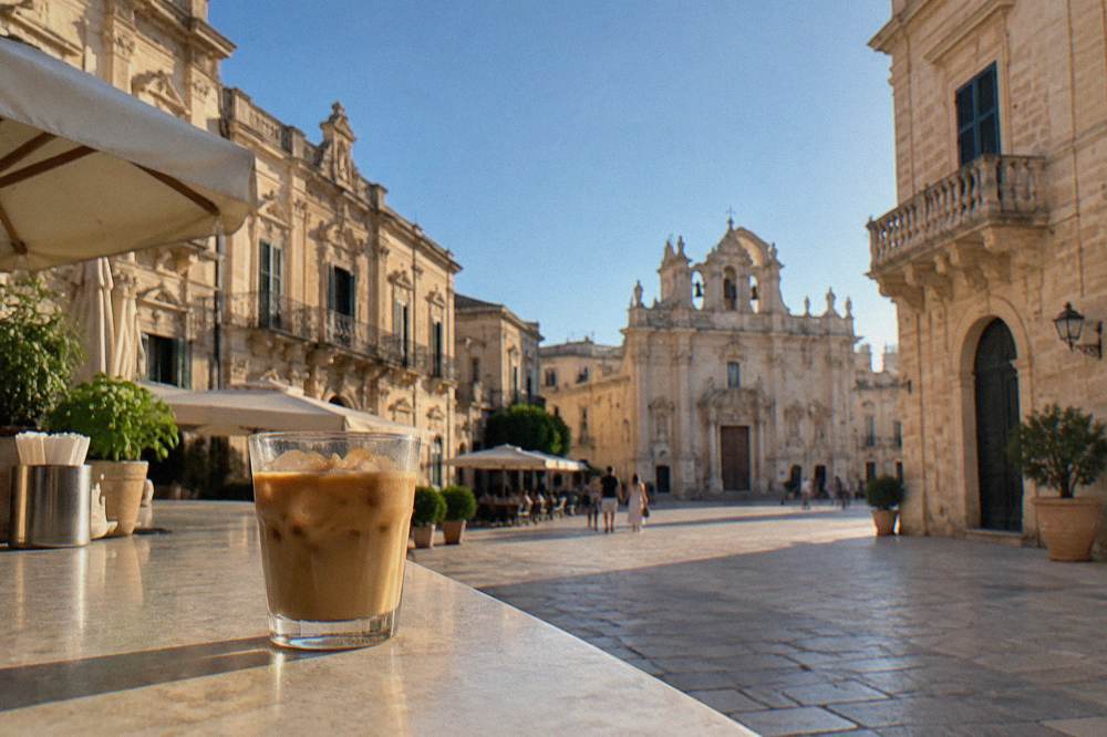 A glass of iced espresso with almond milk and ice cubes on a sunlit Lecce bar counter