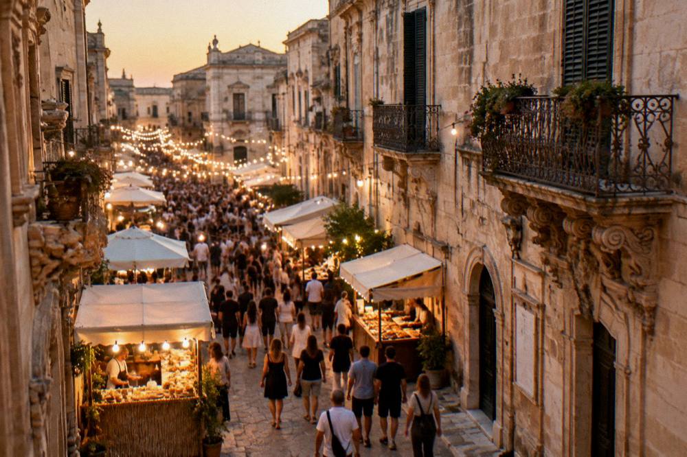 A festive street market in Lecce at dusk with food stalls and string lights above the crowd