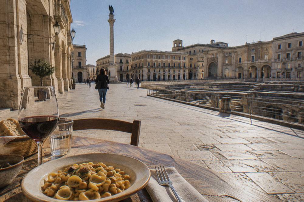 A rustic Salento lunch of orecchiette pasta, chickpeas and red wine on a farmhouse table