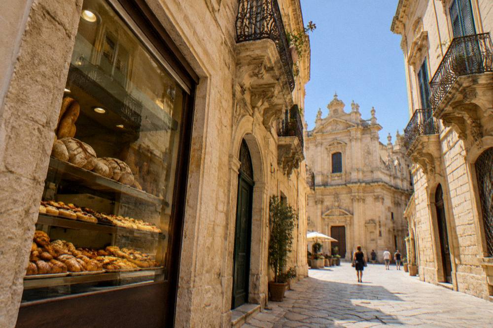 A Lecce street corner in the old town with a bakery window displaying pastries and breads
