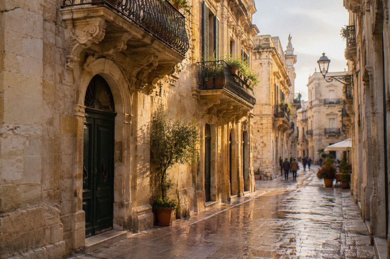 A golden limestone street in Lecce's old town at golden hour with baroque balconies above