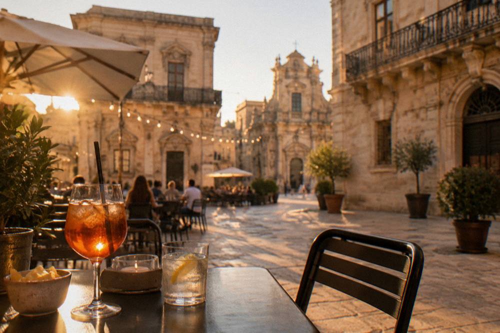 An evening cafe table on a limestone square in Lecce with string lights