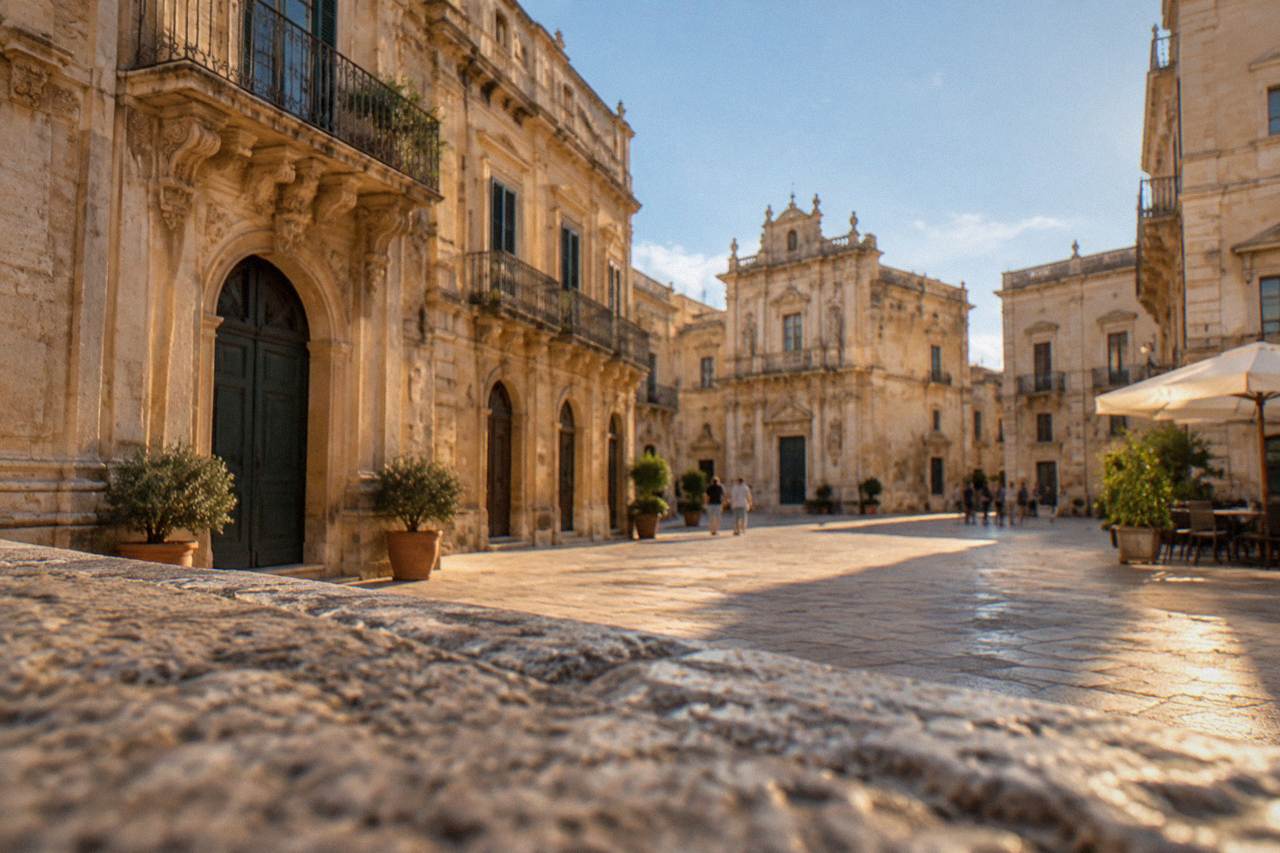Honey-coloured baroque facades around a sunlit square in the old town of Lecce