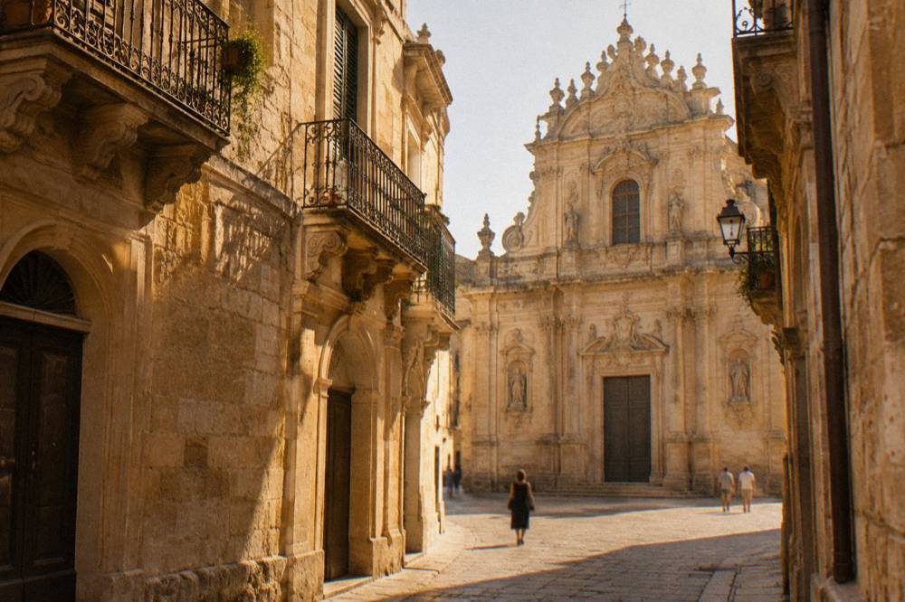Ornate carved limestone facade of a baroque church in Lecce seen from a narrow street