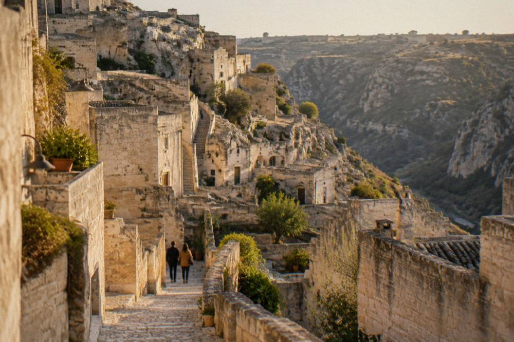 Stone stairways climbing between pale cave dwellings in one of Matera's sassi districts
