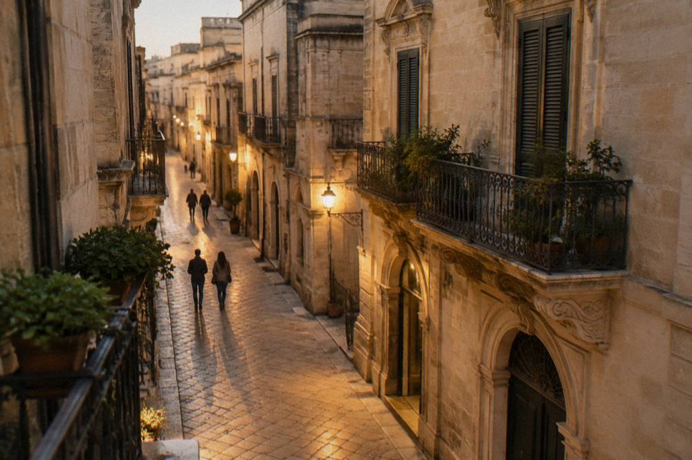 A narrow evening street in Lecce lit by warm lamps between stone buildings