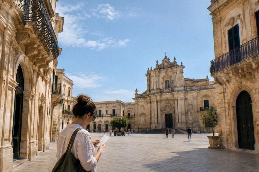 A visitor reading a ticket and map beside a limestone doorway in Lecce