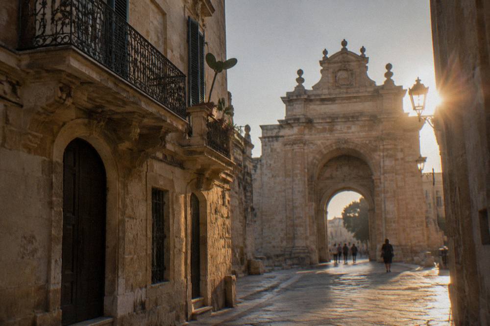 An historic stone gate on the edge of Lecce's old town at dusk