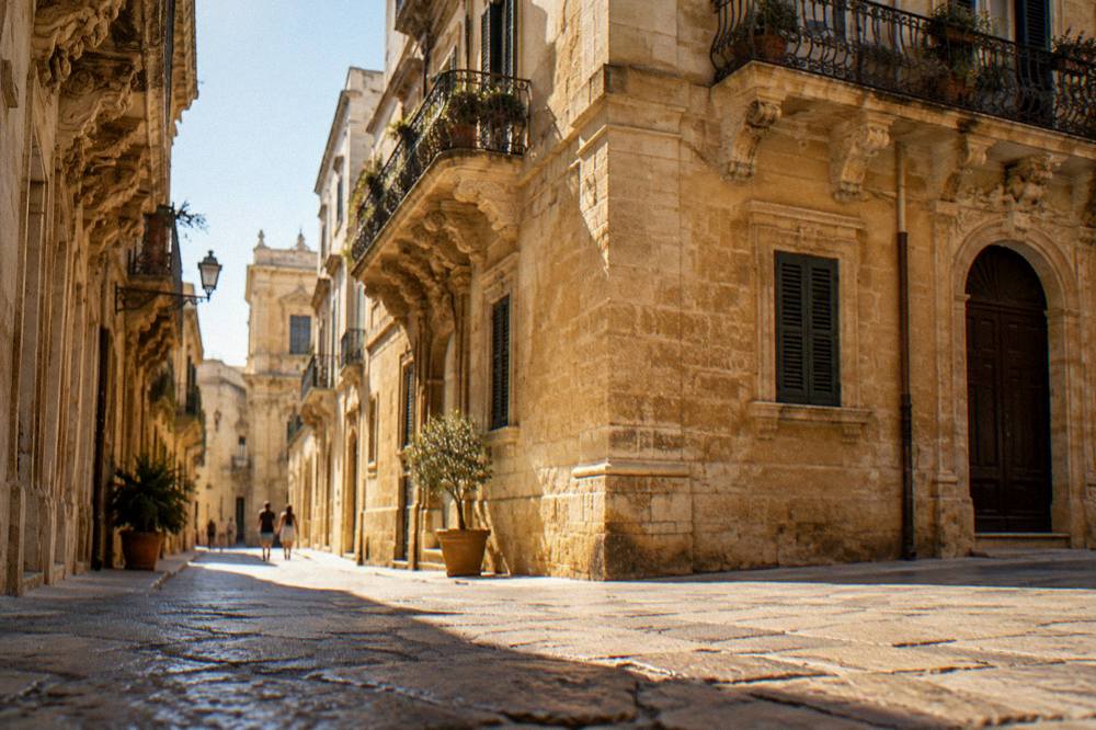 A golden limestone street corner in Lecce's old town lit by late evening sun