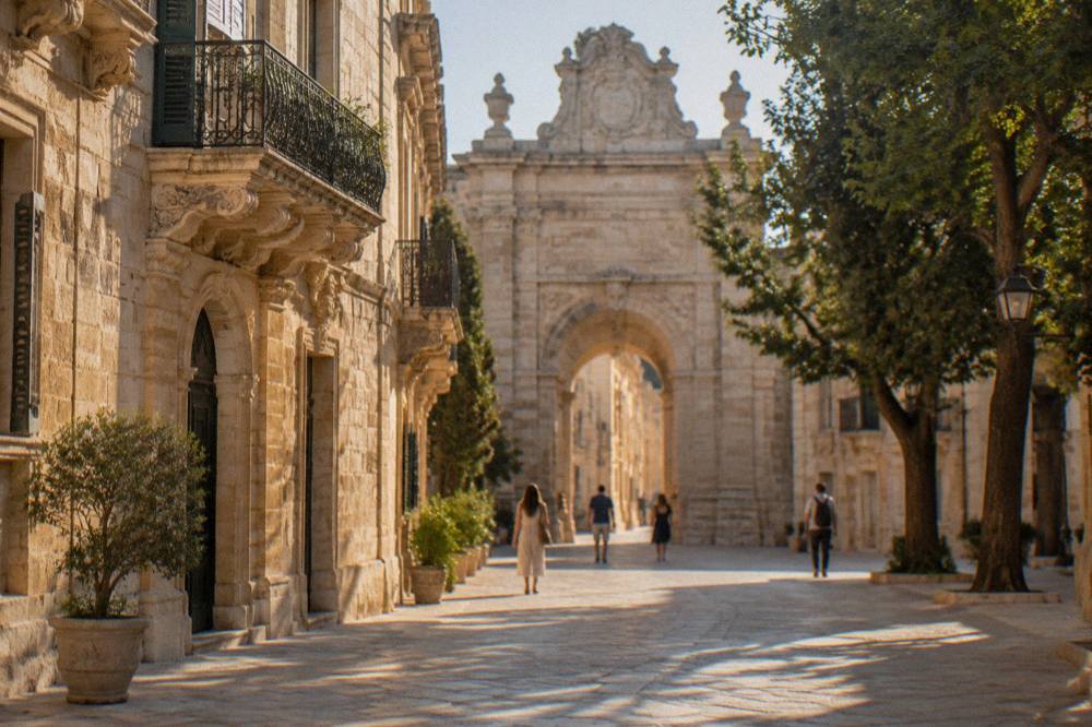 A tall stone gate in Lecce framed by trees in soft evening light