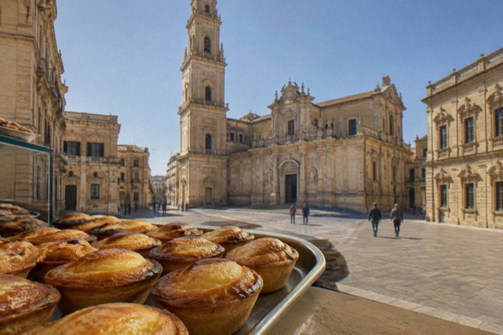A tray of golden pasticciotto custard pastries on a bakery counter