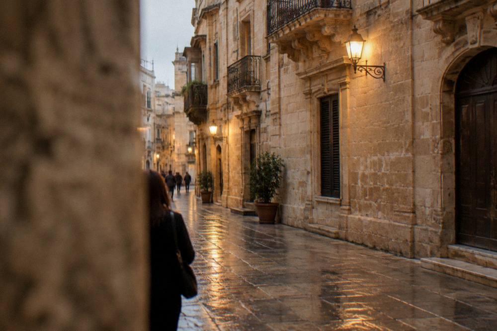 Evening lights reflecting on limestone walls along a narrow street in Lecce