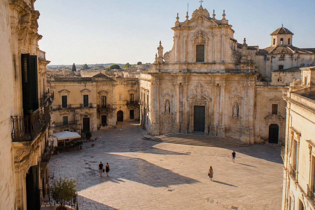 A golden limestone square in Lecce with a tall baroque church facade in late afternoon light