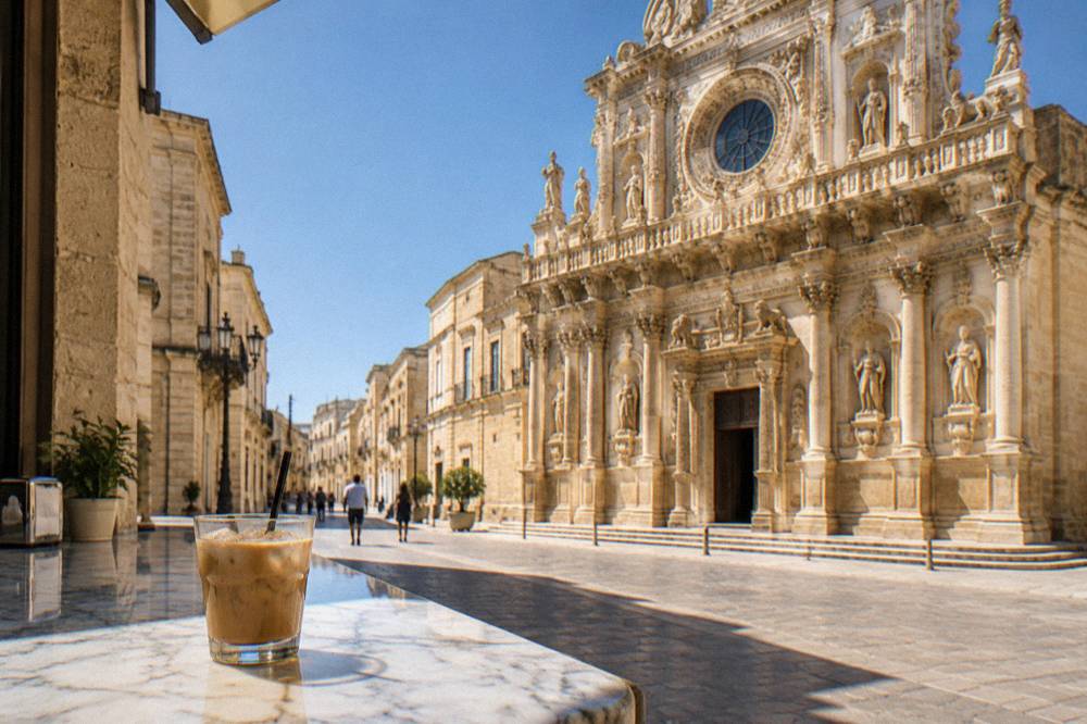 A small cup of iced coffee with almond milk on a marble bar counter