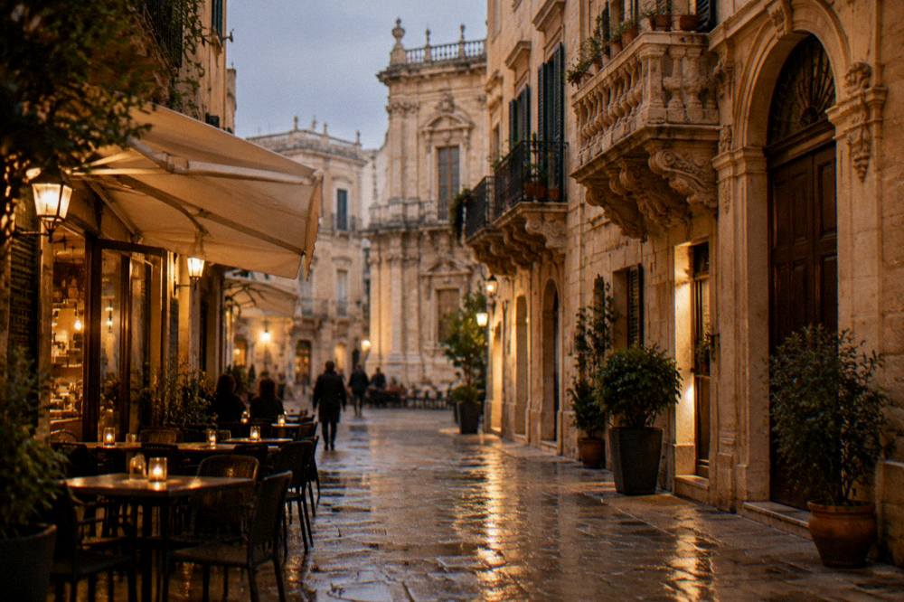An evening street in a limestone old town lit by warm shop lights and cafe tables