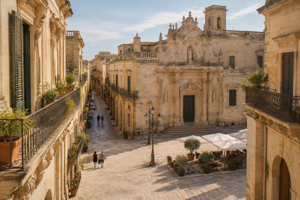 Lecce's ornate baroque architecture in warm golden stone under an evening sky