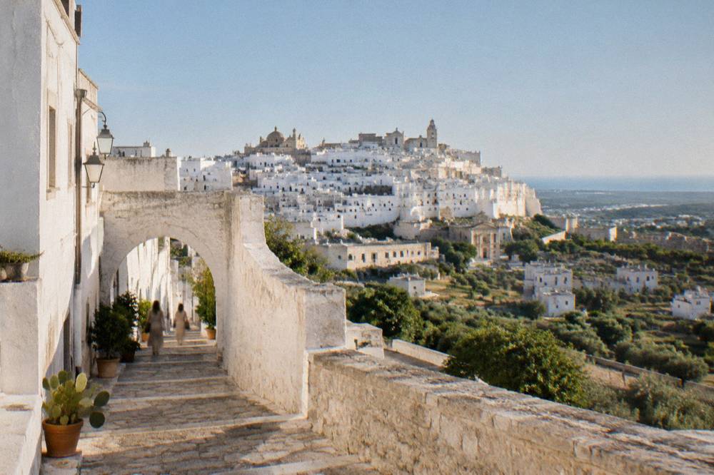 White-washed hilltop houses of Ostuni under a clear blue sky