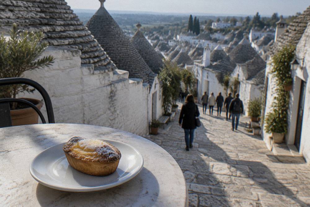 A single pasticciotto pastry with custard filling on a small cafe plate