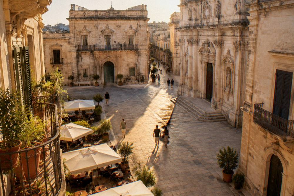A sunlit square in Lecce's old town with baroque facades and cafe tables