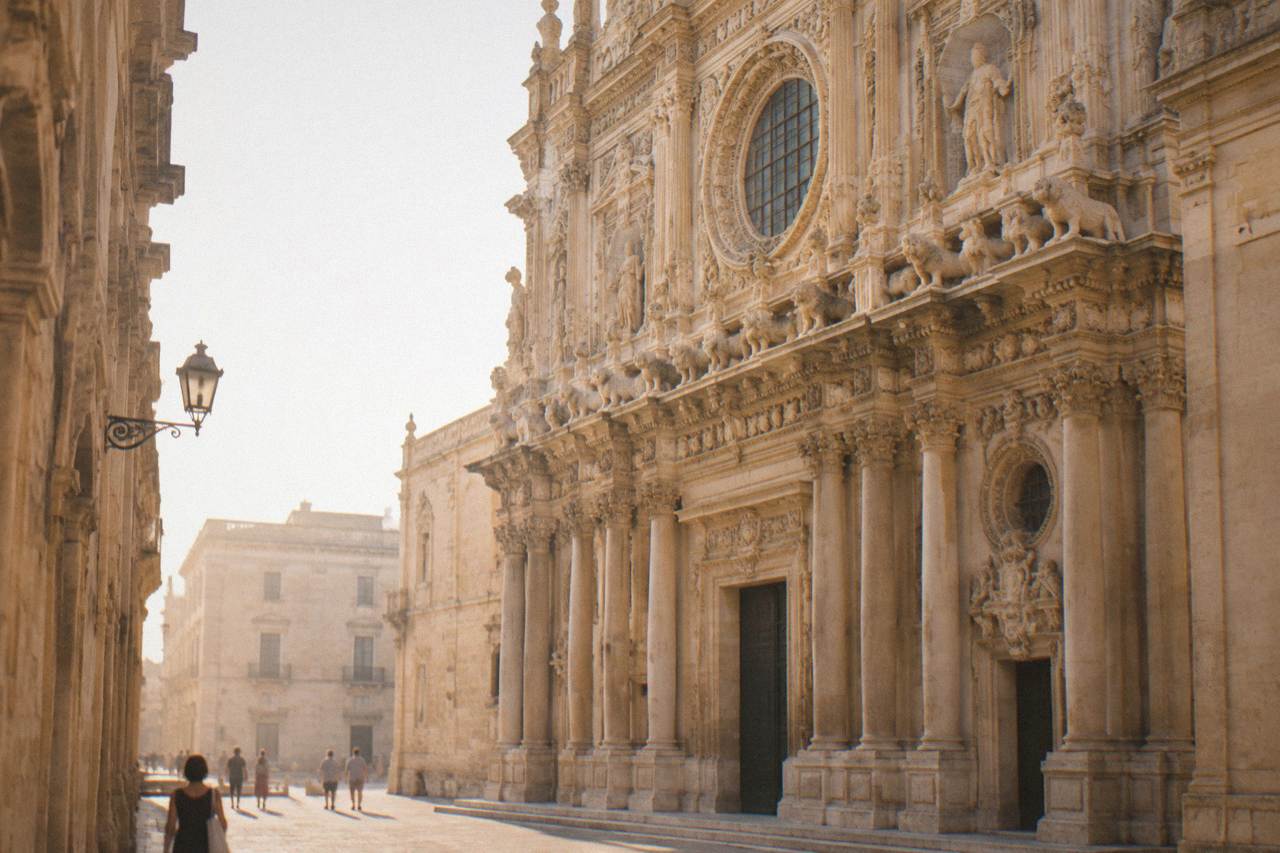 The ornate limestone facade of the Basilica di Santa Croce in Lecce glowing in warm evening light