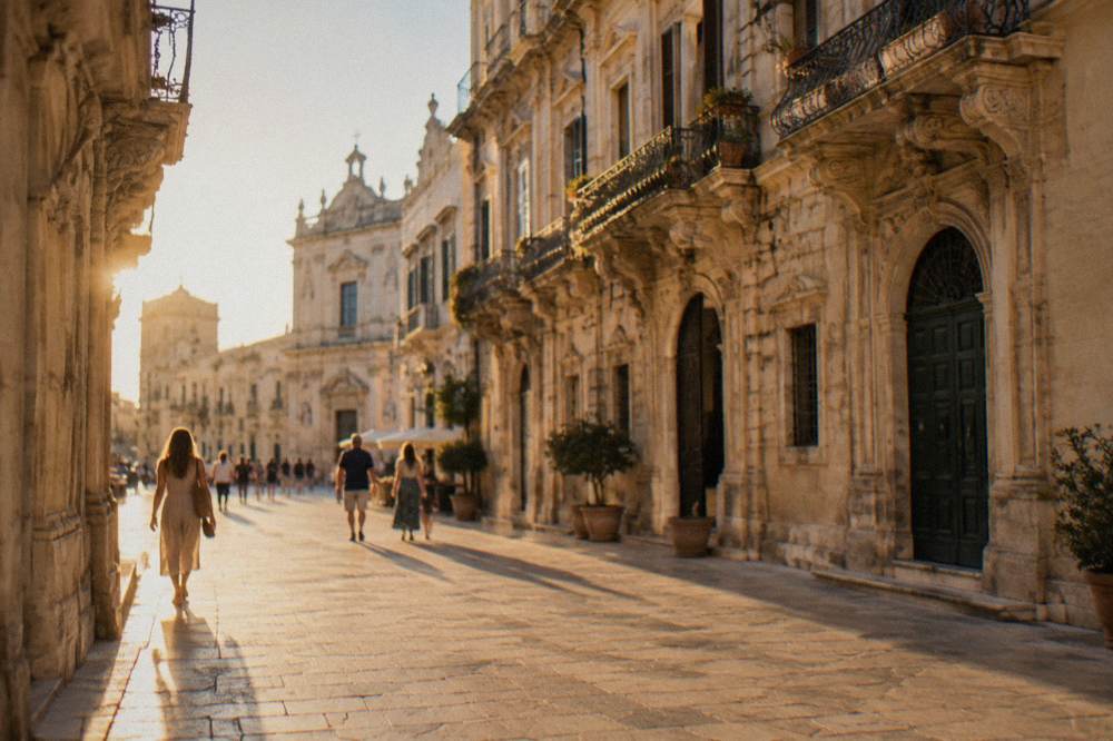 People strolling past limestone palaces on a wide street in central Lecce