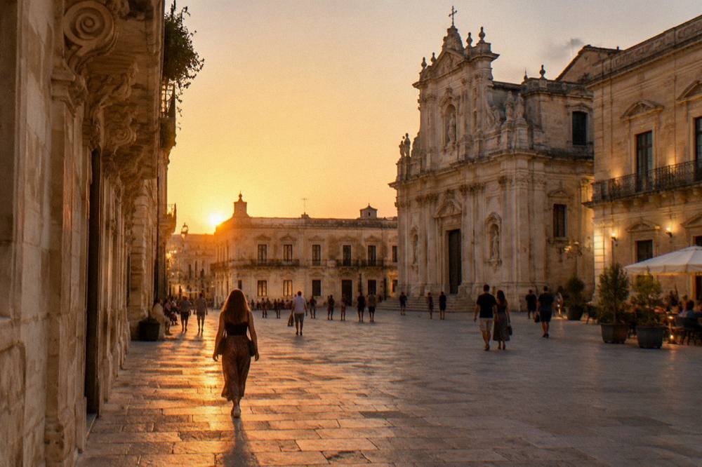 A wide view of a Lecce square at dusk with lit facades and people walking