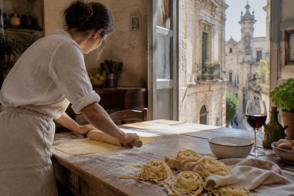 A cook rolling fresh pasta dough in a sunlit Lecce kitchen with a glass of red wine nearby