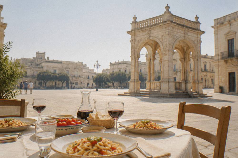 A courtyard table laid with plates of handmade orecchiette pasta, tomatoes and glasses of wine
