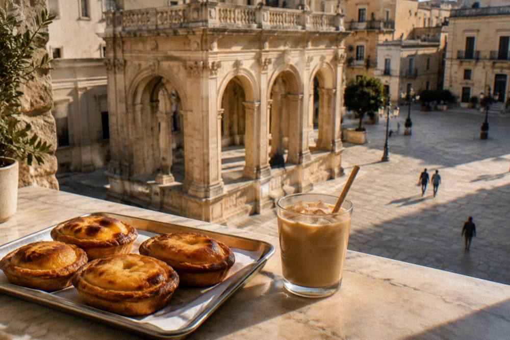 A tray of golden pasticciotto custard tarts and iced coffee with almond milk on a marble bakery counter