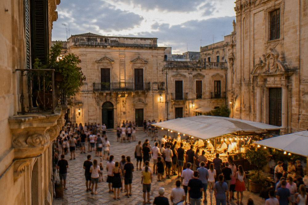 An evening crowd at a lit food stall in a Lecce square during a summer festival
