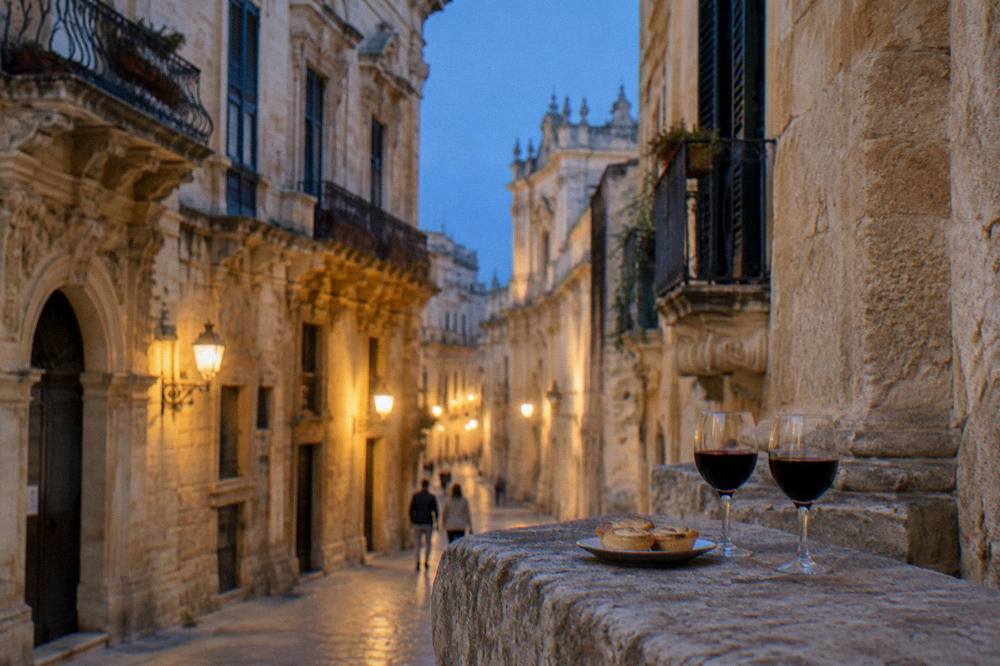 A small plate of pasticciotto tarts and two glasses of red wine on a stone ledge in a Lecce lane at dusk