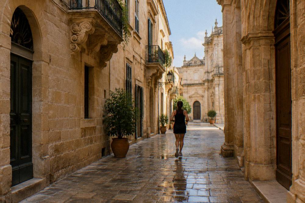 An underground chamber in Lecce with ancient stone walls, arches and a well lit for visitors.